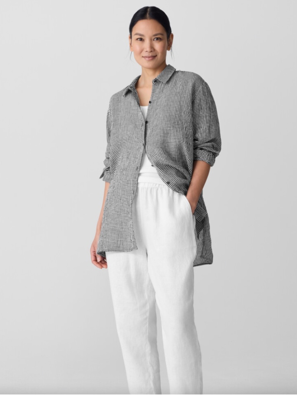 Eileen Fisher Puckered Organic Linen Classic Shirt Black White Gingham Large
